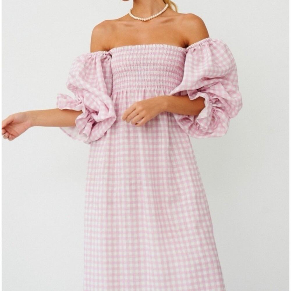 Sleeper Pink Gingham Off-Shoulder Midi Dress